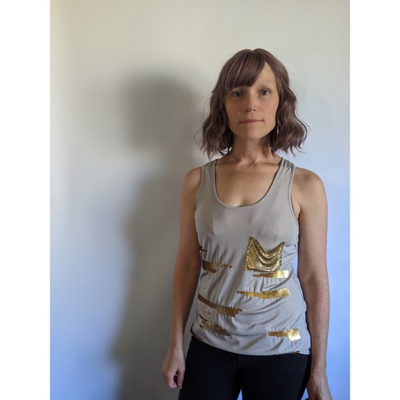 Gold sequined silver tank, sz M - Picture 3 of 7